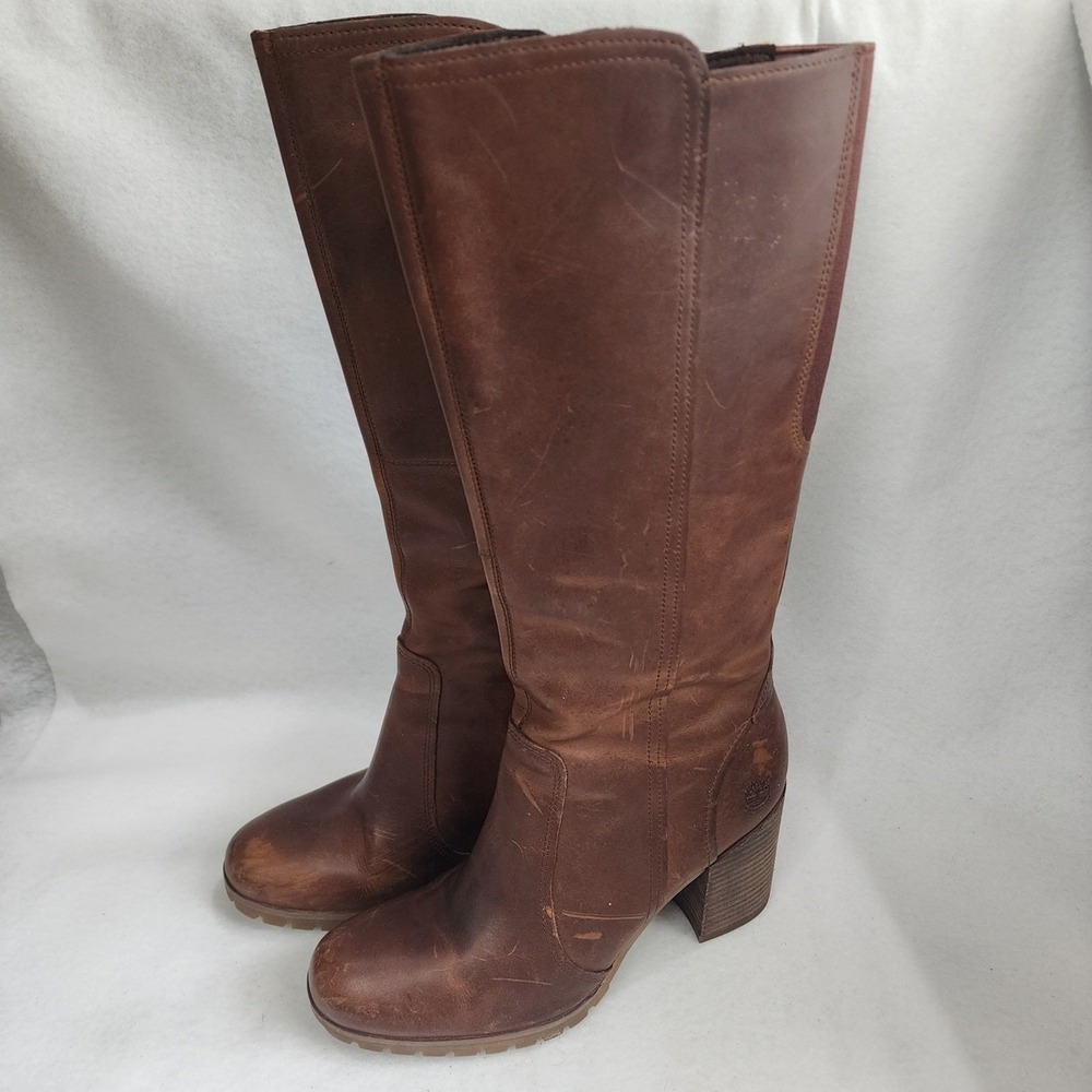 Timberland Swazey A12FI Womens US 8 Boots Brown Leather Block Heel Riding Boots